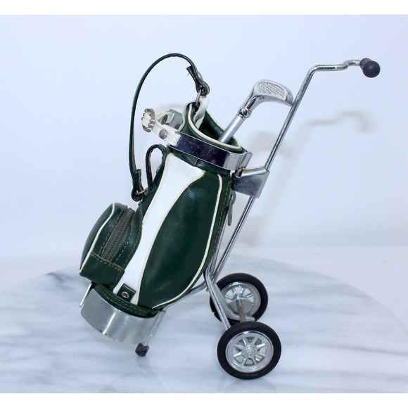 Unbranded Other - Vintage Miniature Golf Bag Desk Pen Holder Set Green White Chrome Pull Cart